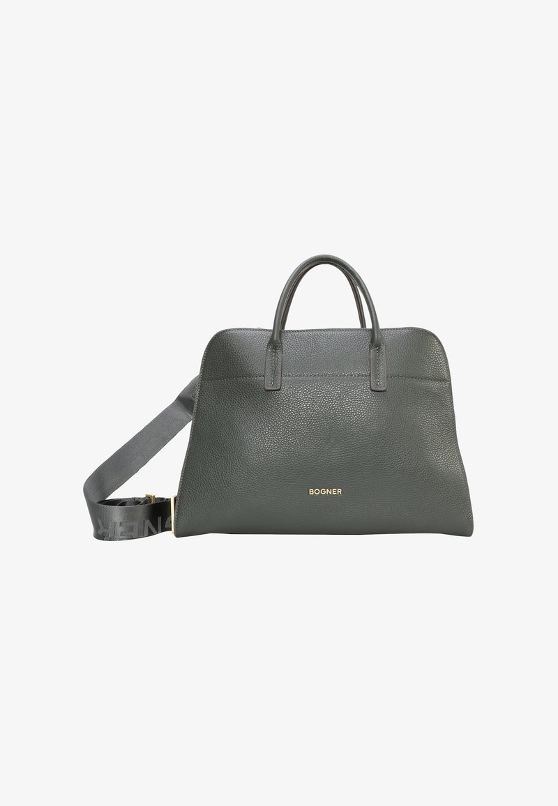 Sac à main en cuir gris avec un design structuré, double poignée et une bandoulière amovible ornée d'un logo. Marquage doré à l'avant.