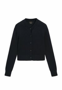 Donkerblauwe gebreide cardigan met een V-hals, lange mouwen, geribbelde manchetten en een geribbelde zoom. Voorzien van zes zwarte knopen aan de voorkant.