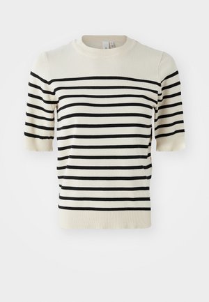 Kreem lühikeste varrukatega kampsun horisontaalsete mustade triipudega. Omab ümmargust kaelust ja pehme koepinda. Ribitud ääred ja mansetid.