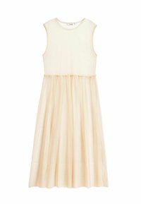 Mouwloze jurk in lichtbeige, met een aangesloten lijfje en een geplooide rok met een vloeiende textuur. Eenvoudige ronde hals.