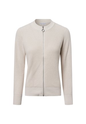 Light beige cardigan featuring a ribbed texture, round neckline, and a silver zipper with a circular pull. Long sleeves with ribbed cuffs.