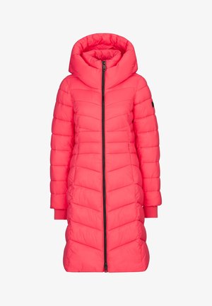 Lang, chevron-gequiltte pufferjas in felroze, met een hoge capuchon, volledige ritssluiting en ribgebreide manchetten. Soepele, gewatteerde textuur.