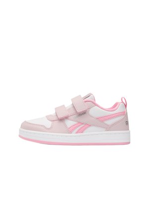 Niedriger Sneaker in Weiß und Pink mit zwei verstellbaren Riemen, gepolstertem Kragen und Reebok-Logo an Seite und Ferse.