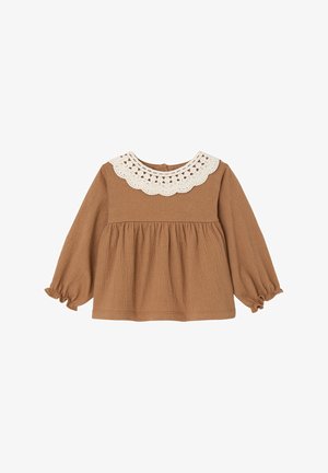 Brown long-sleeve top with a pleated design. Features a white crochet collar and elastic cuffs. Soft textured fabric. Back button closure.