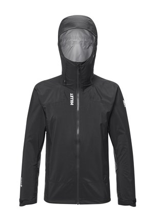 Black waterproof jacket with a high collar and hood. Features zip closure, elastic cuffs, and subtle branding on the front and sleeve.