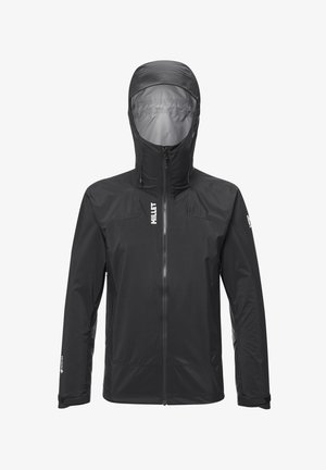 Veste noire imperméable avec un col haut et une capuche. Comprend une fermeture éclair, des poignets élastiques et un logo discret sur le devant et la manche.