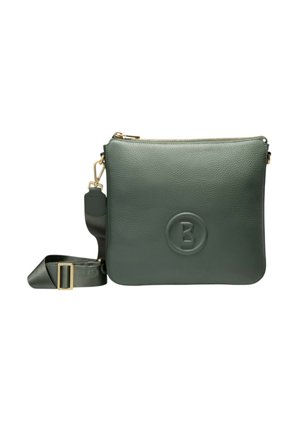 Ciemnozielona skórzana torba na ramię z wytłoczonym okrągłym logo, złotym zamkiem i regulowanym dopasowanym paskiem ze złotą sprzączką.