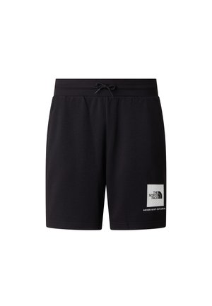Pantaloncini atletici neri in tessuto morbido, con vita elastica e coulisse, e una patch con logo bianco sulla gamba sinistra.