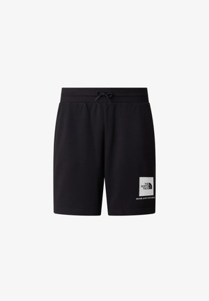 Sorte atletikshorts lavet af blødt stof, med elastisk taljebånd med snøre og en hvid logopatch på venstre ben.