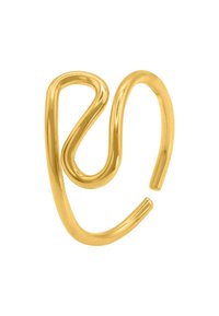 Goldfarbener Metallring mit einem fließenden, abstrakten Design, das eine glatte, polierte Textur und zwei ineinander verschlungene, langgestreckte Kurven aufweist.