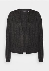 Cardigan grigio scuro lavorato a maglia con scollo a V, apertura frontale e maniche lunghe. Presenta una texture a costine verticali e un orlo corto.