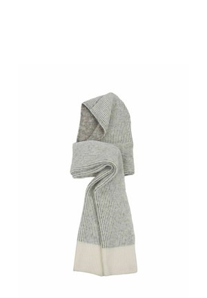 Light gray ribbed knit scarf with darker gray stripes and white ends, shown loosely folded against a white background.