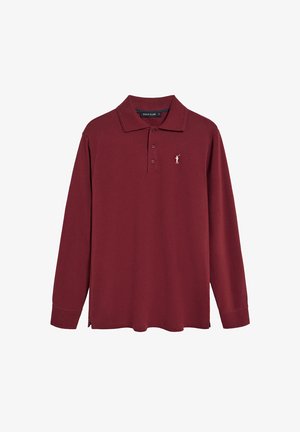Bordeaux lange mouwen polo shirt met een kraag, voorzien van een klein wit golferlogo op de linkerkant, gemaakt van zachte katoen stof.