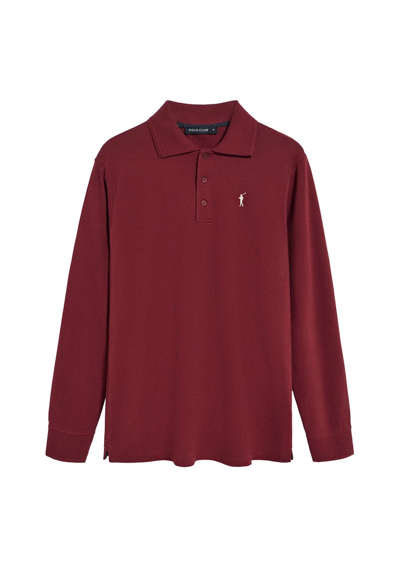 Polo de mangas largas burdeos con cuello, que presenta un pequeño logotipo de golfista blanco en el lado izquierdo, fabricado con un suave tejido de algodón.
