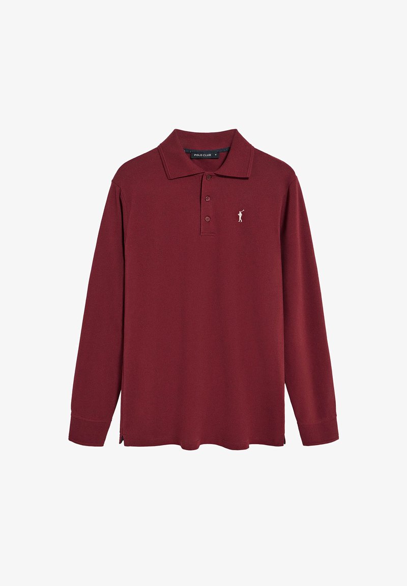 Burgundy långärmad polo med krage, som har en liten vit golfspelare-logotyp på vänster sida, tillverkad av mjukt bomullstyg.