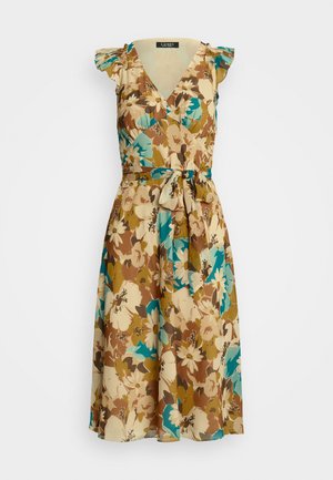 Floral wrap dress in beige, brown, and blue hues. Features short ruffled sleeves, a v-neckline, and a fabric tie at the waist.