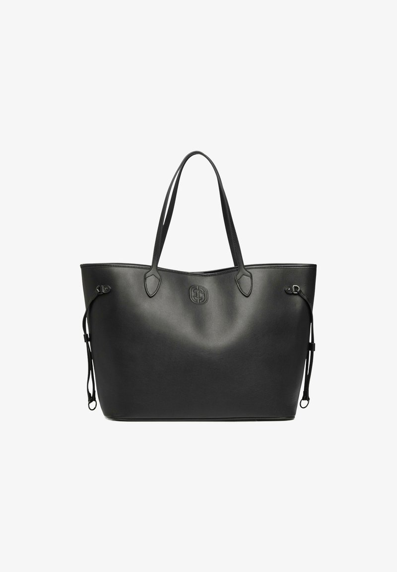 Black leather tote bag with two top handles and a prominent logo on the front. Features drawstring closures on the sides. Smooth texture.