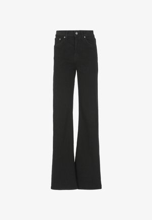 Jeans neri a vita alta e a gamba larga con bottone e zip frontali, tasche anteriori e posteriori, mostrati distesi su uno sfondo bianco.