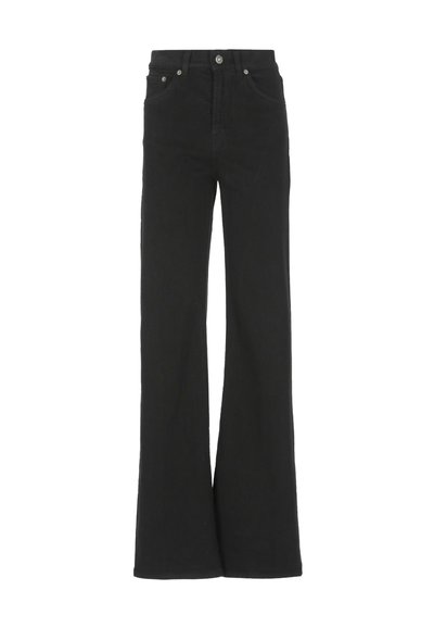 Jeans neri a vita alta e a gamba larga con bottone e zip frontali, tasche anteriori e posteriori, mostrati distesi su uno sfondo bianco.