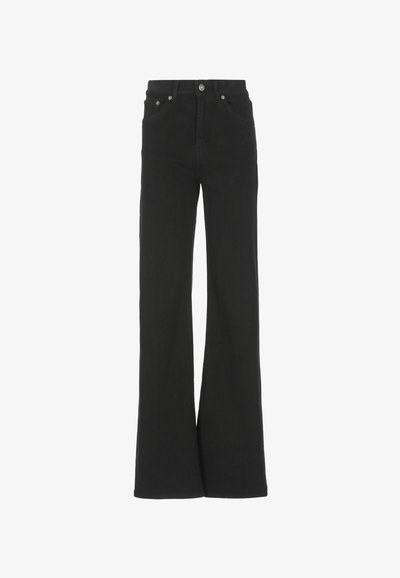 Jeans neri a vita alta e a gamba larga con bottone e zip frontali, tasche anteriori e posteriori, mostrati distesi su uno sfondo bianco.