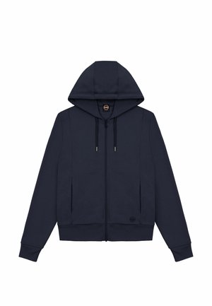 Navy zip-up hoodie with a front zipper, kangaroo pockets, and adjustable drawstring hood. Made from soft, textured fabric.