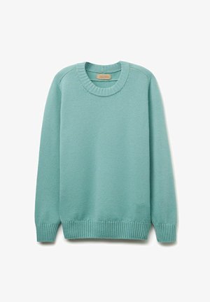 Jasnoniebieski sweter wykonany z miękkiego materiału. Posiada okrągły dekolt, ściągacze przy mankietach i u dołu. Prosty design bez wzorów i ozdób.