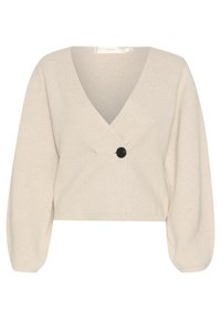 Cardigan scurt, bej, realizat dintr-un material tricotat texturat. Prezintă un decolteu adânc în V, mâneci lungi, bufante și o închidere cu un nasture negru.