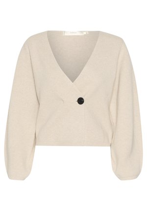 Beige cropped cardigan made from textured knit fabric. Features a deep V-neck, long puffed sleeves, and a black button closure.
