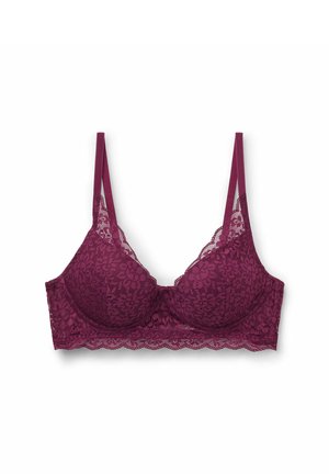 Mauve kant beha met bloemenpatroon, gewatteerde cups en verstelbare bandjes. Heeft een golvende kantafwerking langs de band en de halslijn.