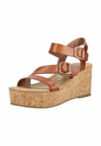 Hnedá kožená klinová sandála s korkovou platformou, dvoma nastaviteľnými remienkami so sponou cez chodidlo a členok, otvorená špička.