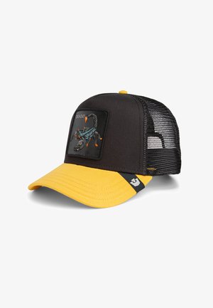 Black and yellow mesh baseball cap with a scorpion patch labeled "Deadly" on the front panel and a small logo near the brim.