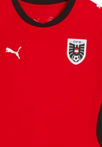 Κόκκινη αθλητική φανέλα με μαύρο γιακά και λεπτομέρειες. Διαθέτει λευκό λογότυπο Puma στα αριστερά και έμβλημα με ασπίδα και ποδοσφαιρική μπάλα στα δεξιά.