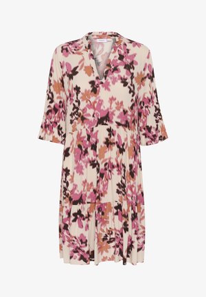 Abito floreale in morbido tessuto con una base crema e motivi in rosa, arancio e marrone scuro. Collo a V e maniche a sbuffo.