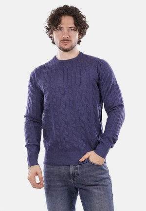 Maglione viola a maglia con maniche lunghe e colletto rotondo, realizzato in tessuto morbido. Indossato con jeans blu, che mostrano un motivo testurizzato.