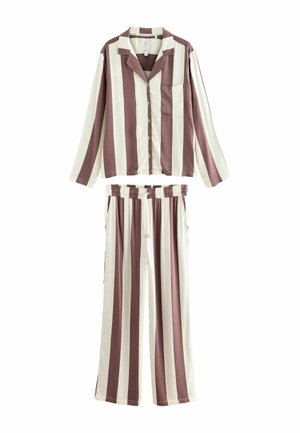 Striped pajama set with long sleeves and button closure. Features alternating burgundy and cream stripes, pocket on top, elastic waistband.