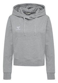 Sweatshirt à capuche gris en mélange de coton, avec une poche frontale et un petit logo blanc sur la poitrine, avec un système de réglage par cordon à la capuche.