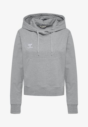 Sudadera con capucha gris de mezcla de algodón, con un bolsillo frontal y un pequeño logo blanco en el pecho, y ajuste de cordón en la capucha.