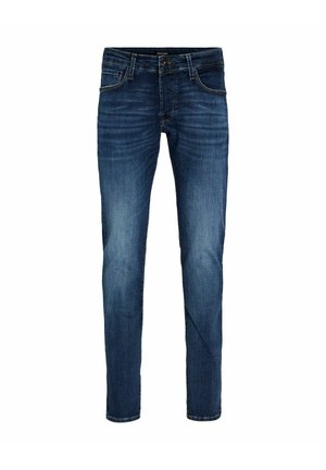 Jean slim pour homme en denim bleu foncé avec décoloration sur les cuisses et les genoux, passants pour ceinture, bouton avant et fermeture éclair.
