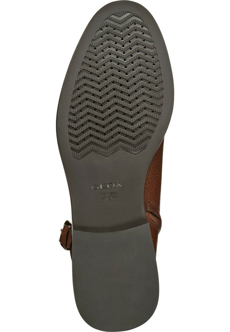 Braune Ledersohle mit strukturiertem Muster, das Zickzacklinien und Abflusslöcher aufweist. Enthält das Markenlogo "GEOX" auf der Oberfläche.
