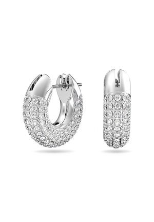 Silver hoop earrings encrusted with multiple rows of small round clear gemstones, shown from front and side views on white background.