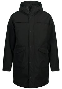 Parka nera con cappuccio, chiusura frontale con bottoni, due grandi tasche con bottoni a pressione e una vestibilità leggermente ampia. Tessuto liscio, materiale resistente.