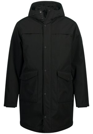 Czarna parka z kapturem, z przodu zapięcie na guziki, dwie duże kieszenie zapinane na napy oraz lekko luźny krój. Gładka tekstura, wytrzymały materiał.