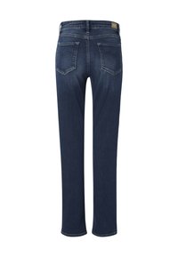 Jean droit bleu foncé vu de dos, avec deux poches arrière et une étiquette de marque marron sur la ceinture.