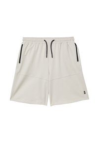 Helle Beiges Shorts aus weichem Stoff mit einem elastischen Bund, schwarzem Kordelzug und zwei seitlichen Reißverschlusstaschen. Mit horizontalen Nahtdetails.