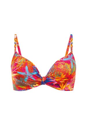 Jasny, wielokolorowy top od bikini z regulowanymi ramiączkami, ozdobiony wzorami rozgwiazd, kwiatów i łańcuchów na czerwono-pomarańczowym tle.