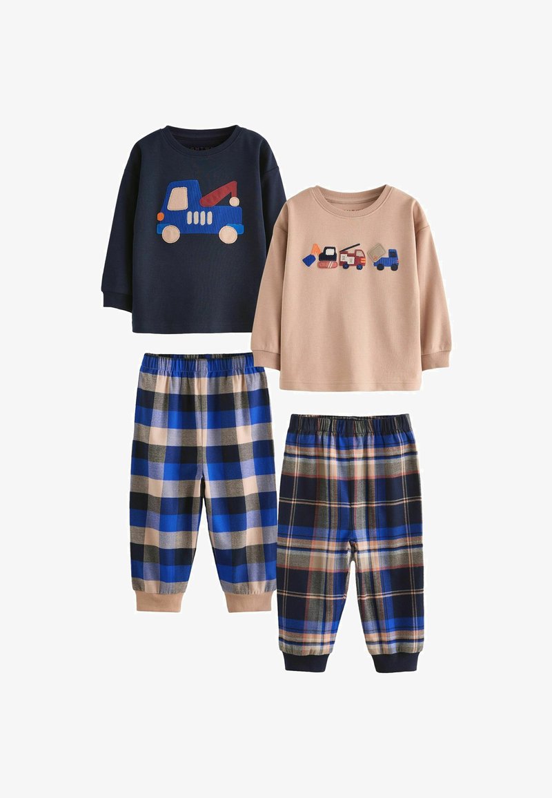 Deux hauts à manches longues : un bleu marine avec un graphique de camion, un beige avec divers graphiques de véhicules. Associés à un pantalon élastique bleu et à carreaux.