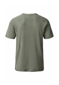 Tricou cu mânecă scurtă, de culoare verde măslin, dintr-un material texturat, cu aspect de cu riburi. Gât rotund și croială standard, prezentat din spate.
