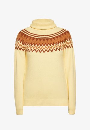 Strickpullover mit Rollkragen in hellgelb, mit einem braunen und weißen geometrischen Muster an der Passe, sowie Rippenbündchen und Bund.