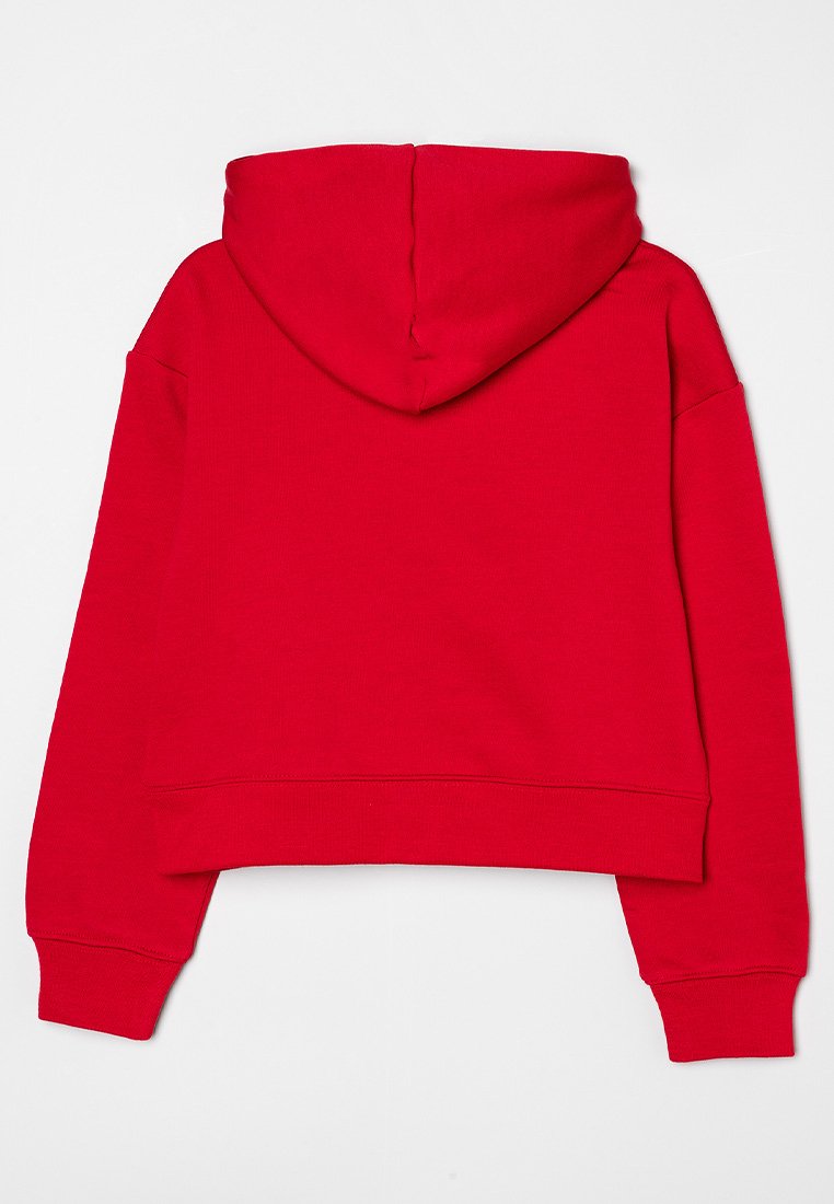 Sudadera corta roja con capucha forrada, mangas largas y dobladillos acanalados. Hecha de un tejido suave y texturizado con un acabado liso.