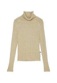 Beige gestreifter Rollkragenpullover mit langen Ärmeln und tailliertem Design. Verfügt über einen hohen, gefalteten Kragen und subtile Details entlang der Nähte.